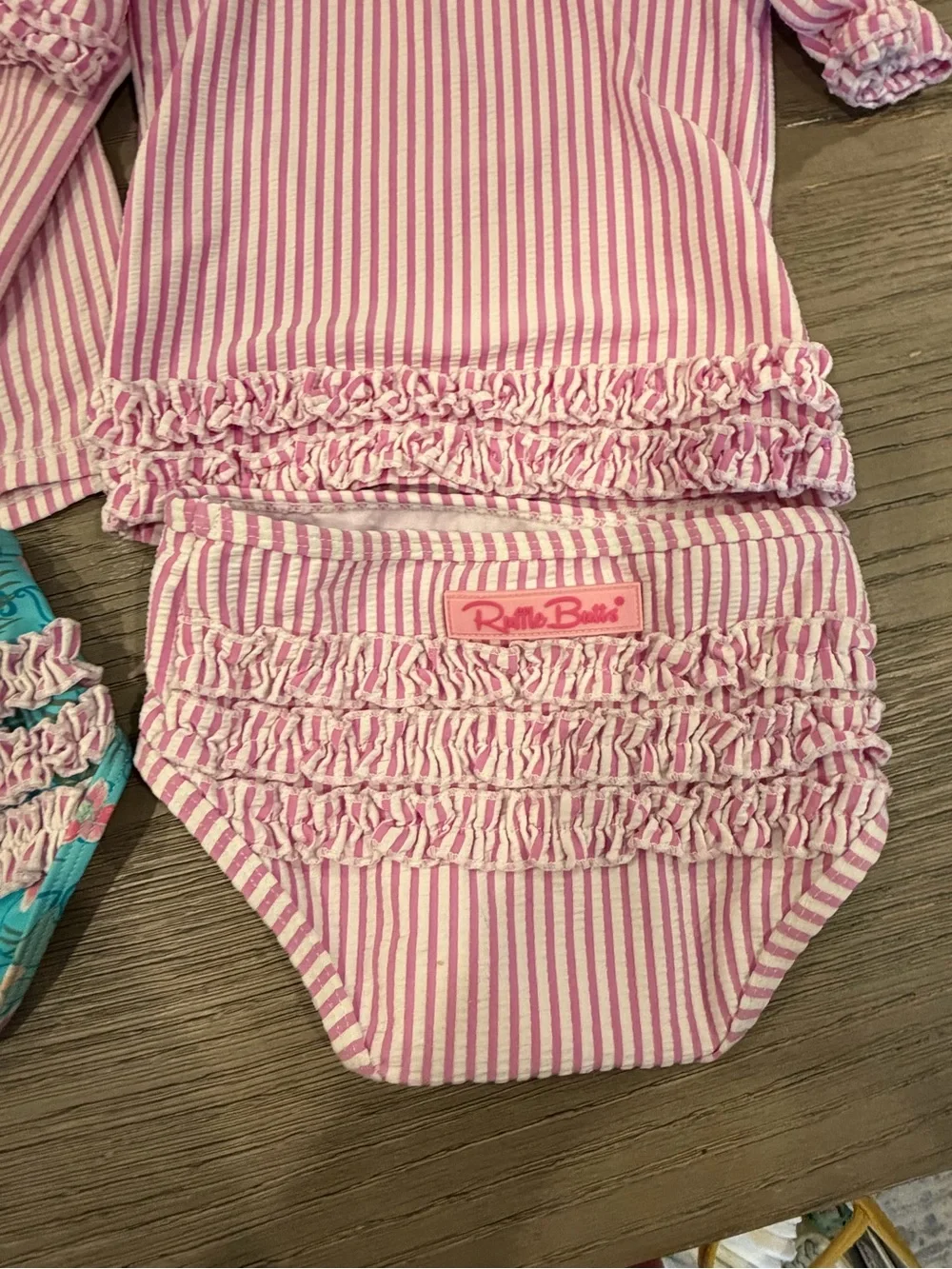 Ruffle Butts Pink & Teal Girls Long-Sleeve Swim Bodysuit Set